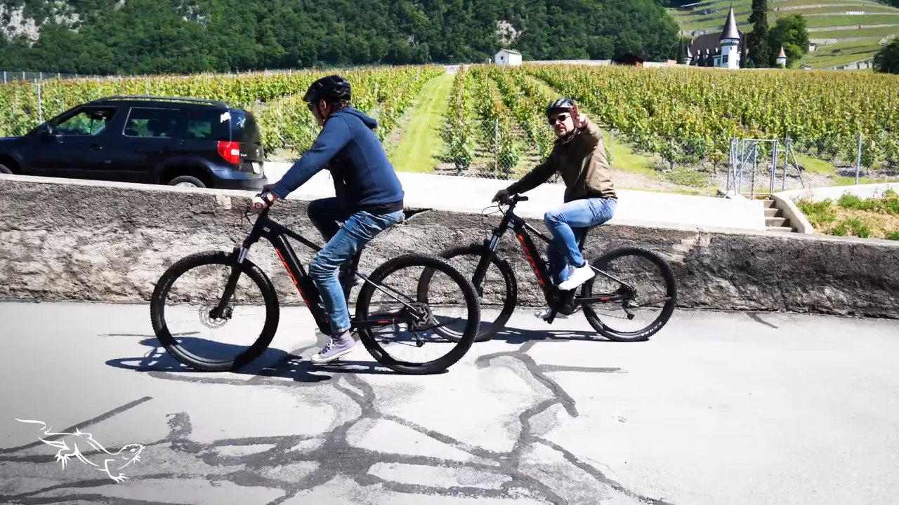 Deux cyclistes en vélo électrique longent les vignes, le château d'Aigle en arrière-plan