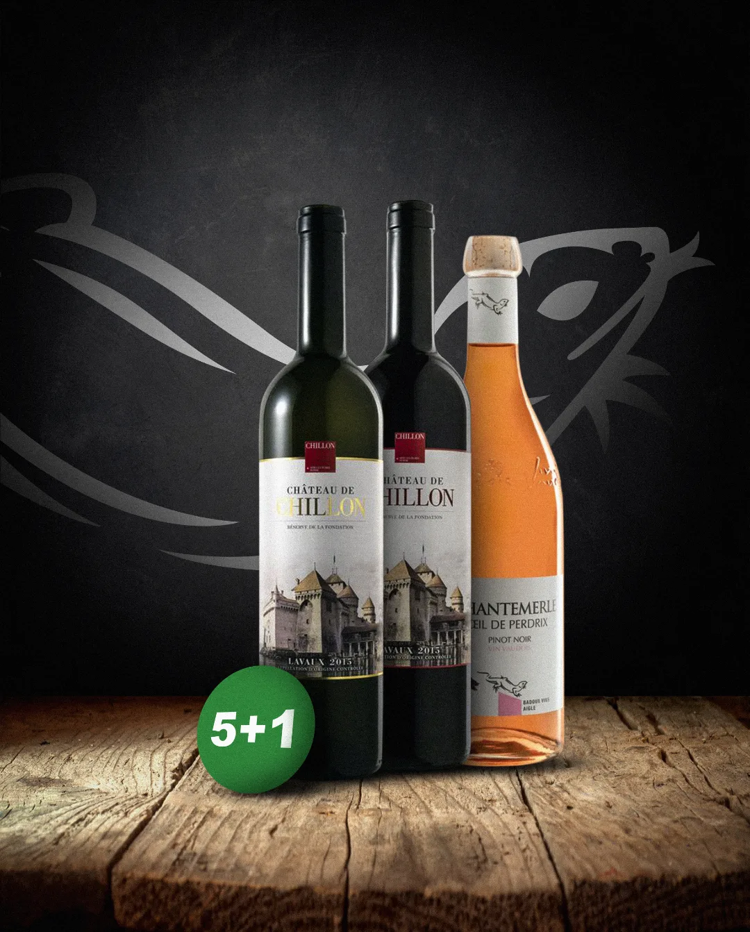 Post Vins du mois : deux bouteilles de Château de Chillon et un Chantemerle Œil de Perdrix sur une table en bois, pastille 5+1