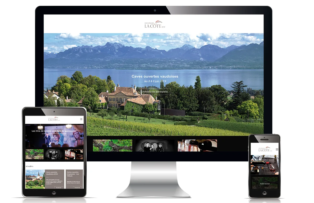 Mockup du nouveau site vins-de-la-cote.ch sur ordinateur, tablette et smartphone