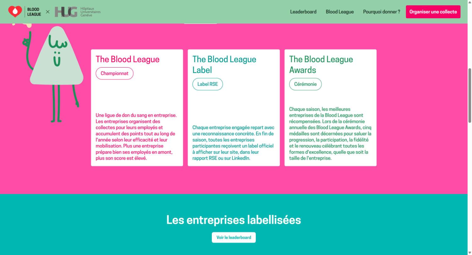 La page d'accueil de Blood League : les trois piliers : championnat, label RSE et cérémonie