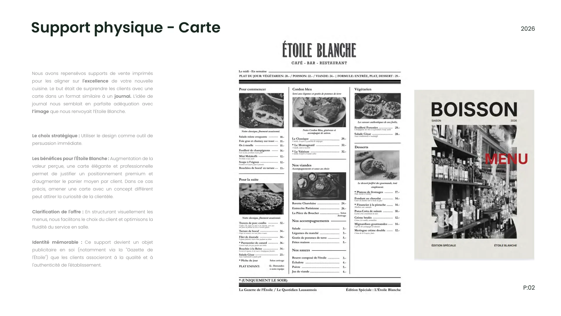 La page du playbook présentant la carte façon journal : La Gazette de l'Étoile et la carte boissons