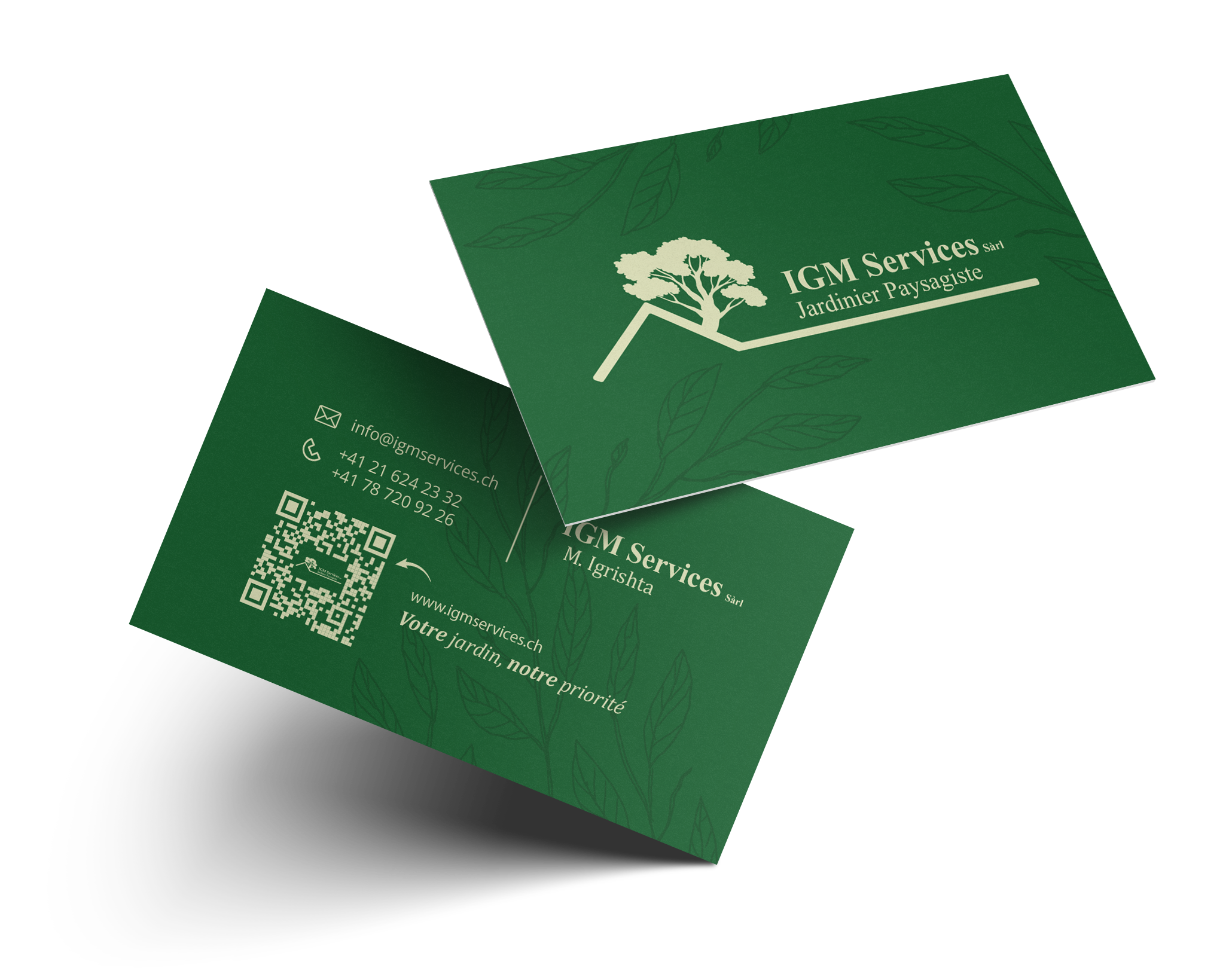 Cartes de visite IGM Services, recto et verso, vert et crème