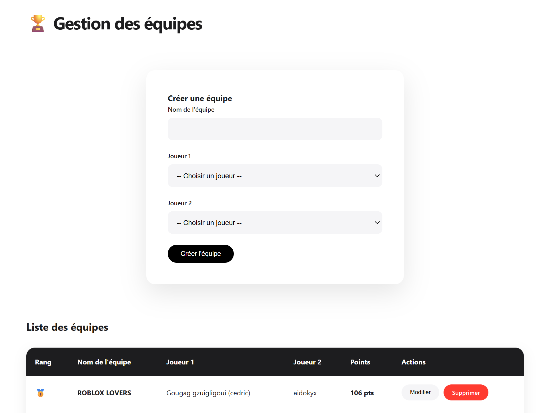 La gestion des équipes : création d'un duo et liste classée des équipes