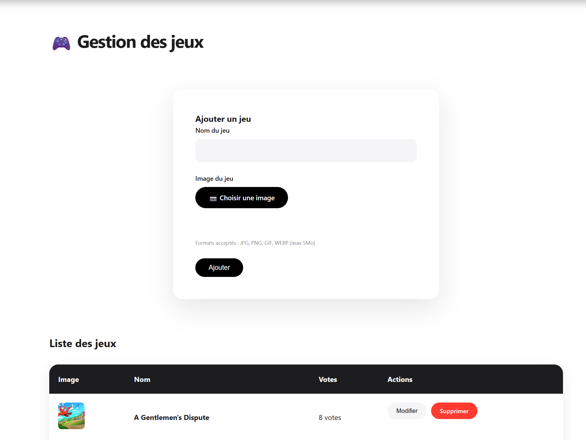 La gestion des jeux : formulaire d'ajout avec jaquette et liste des jeux votés