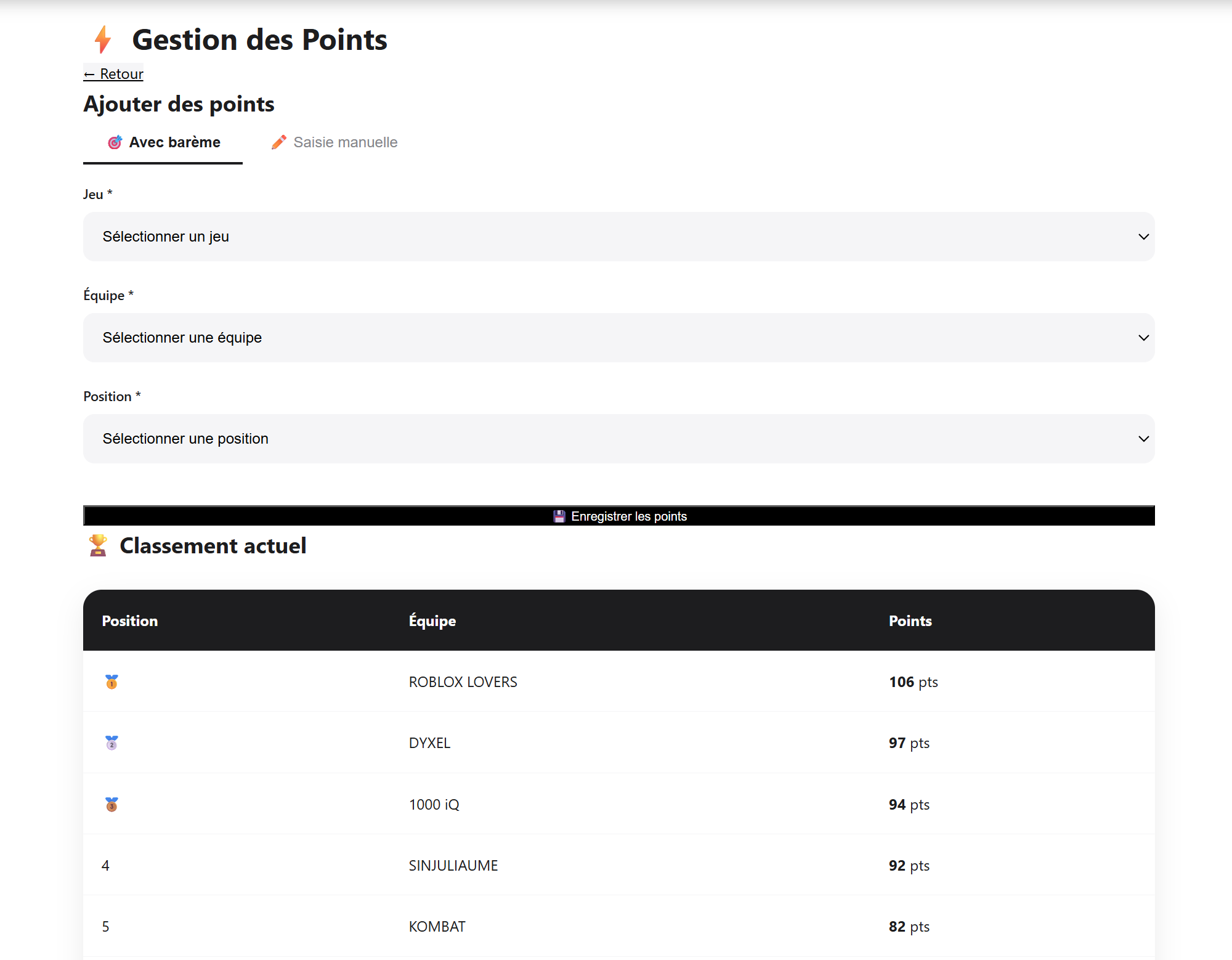 La gestion des points : attribution par barème et classement recalculé en direct