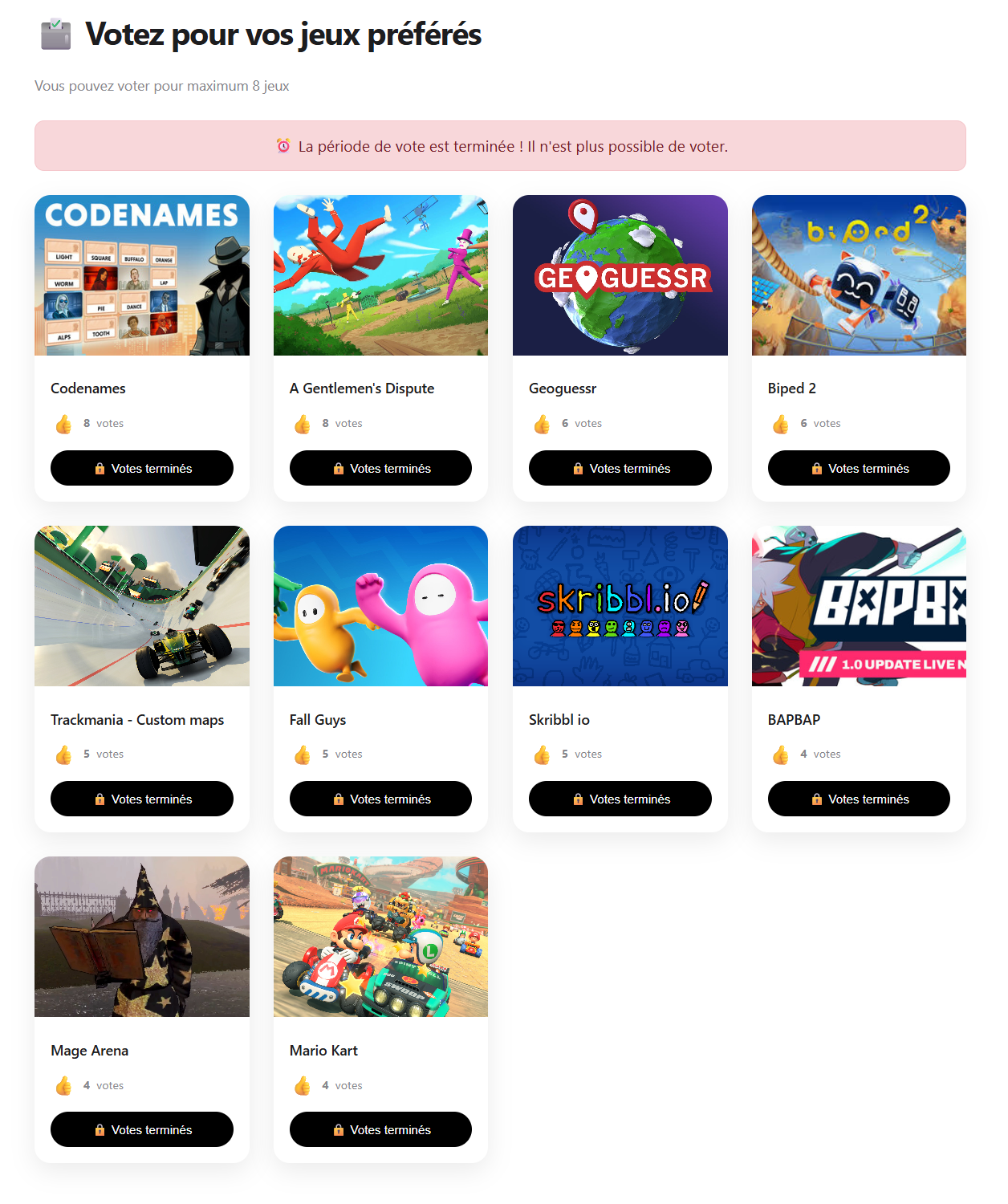 La page de vote : jaquettes des jeux, compteurs de voix et votes verrouillés