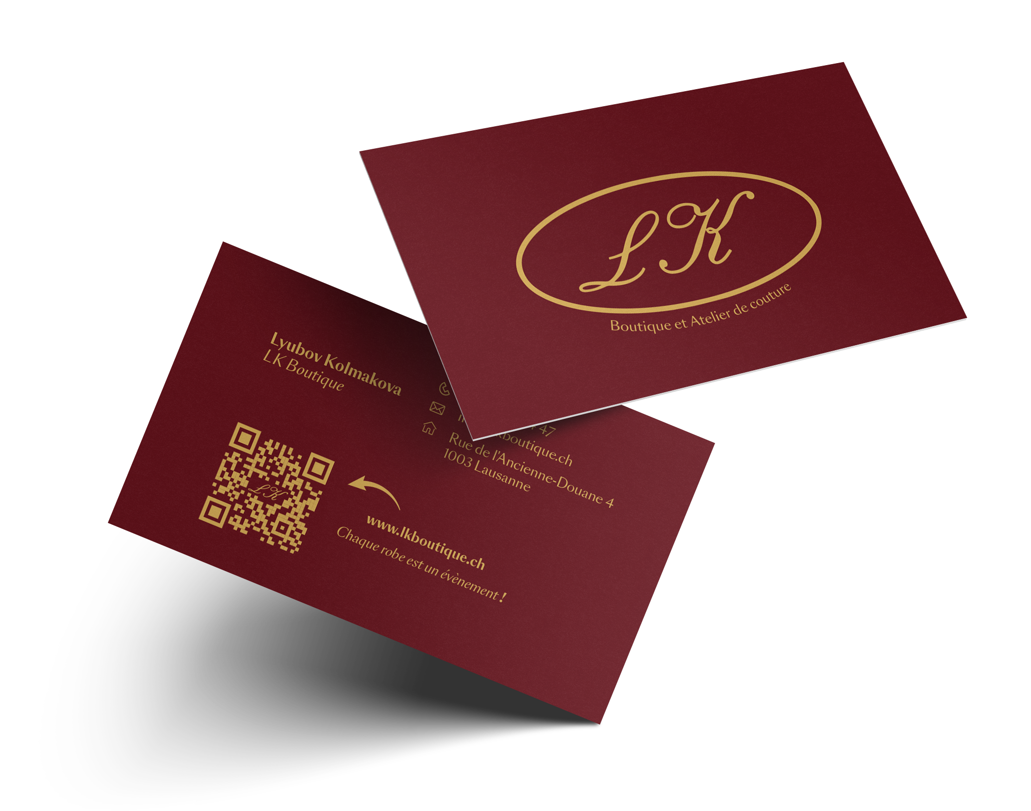 Cartes de visite LK Boutique, recto et verso, bordeaux et or